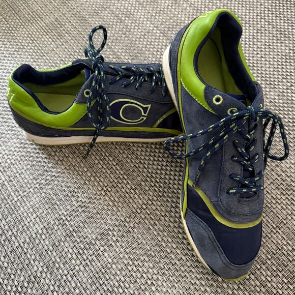 COACH 1941 Navy Blue Lime Suede "C" Logo Trainers Shoes 8.5 Sporty Prep 90s Y2K - Picture 1 of 10